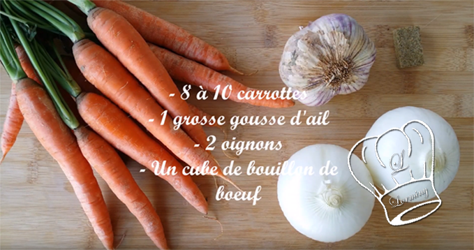 Préparez vos carottes, gousse d'ail, oignons et le bouillon de bœuf. 