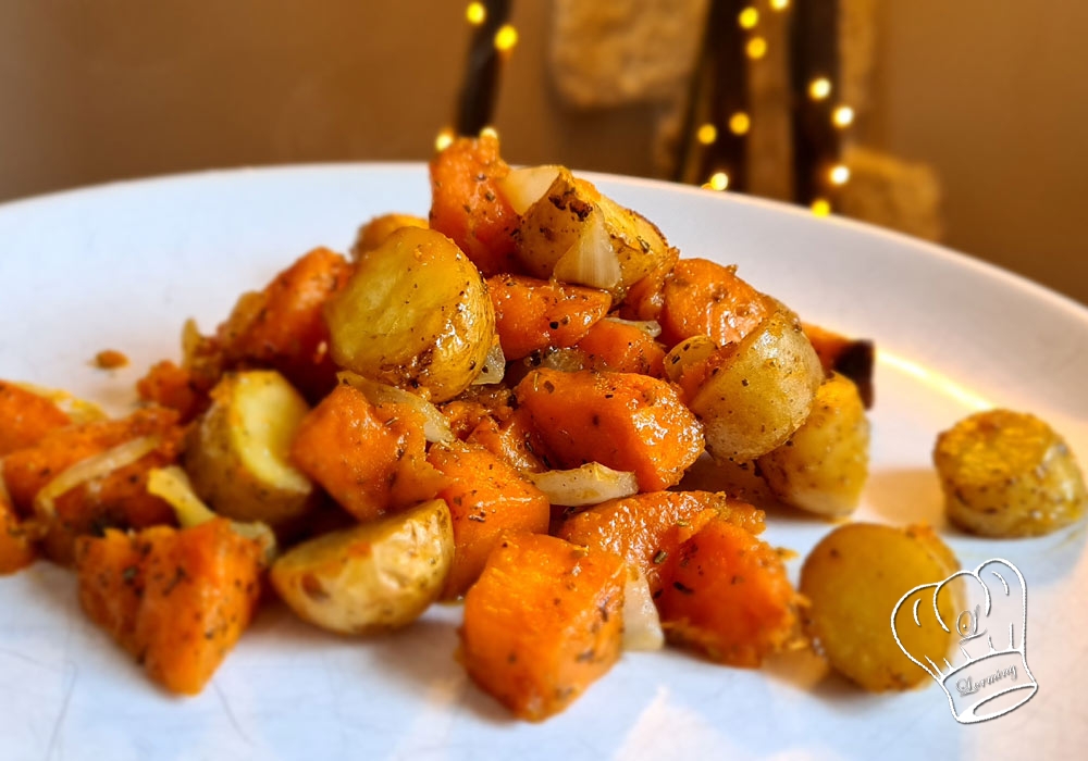 Patates douces et pommes de terre roties au four