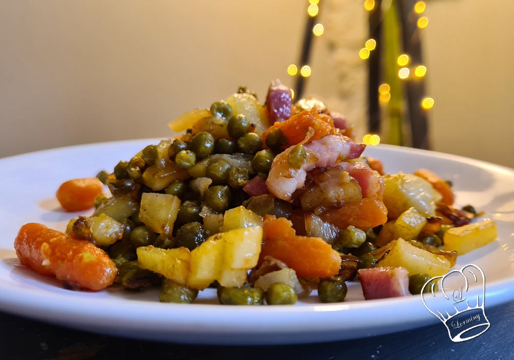 Petits pois aux lardons et pommes de terre