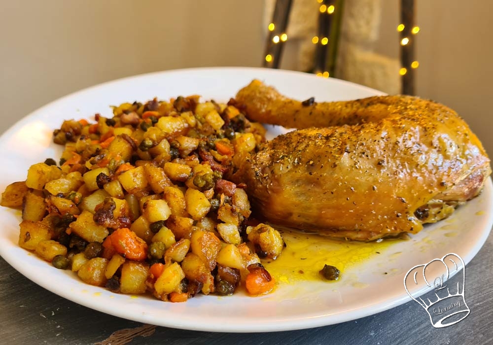 Poulet au four pommes de terre petits pois carottes et lardons