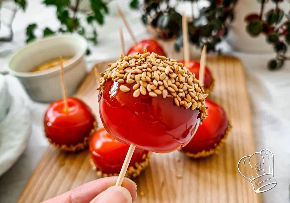 Tomates d amour au sesame et caramel en pics